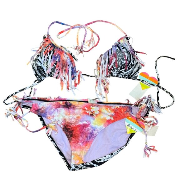 Raisins Other - Raisins Bikini Set Womens Size Large Fringe Halter & Tropical Design Multi-Color